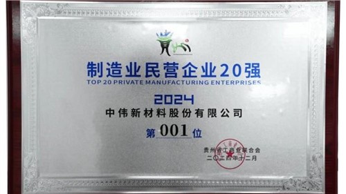 連續(xù)三年！中偉股份蟬聯(lián)“貴州制造業(yè)民營企業(yè)20強(qiáng)”榜首